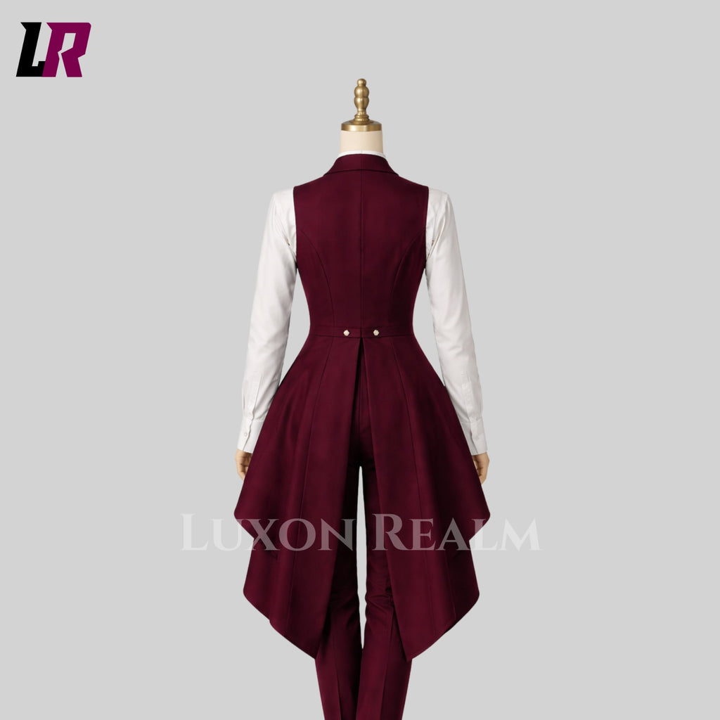 Elegant women's burgundy tailcoat pantsuit set with double-breasted vest, white shirt, and tailored trousers for formal events and weddings.