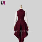 Elegant women's burgundy tailcoat pantsuit set with double-breasted vest, white shirt, and tailored trousers for formal events and weddings.