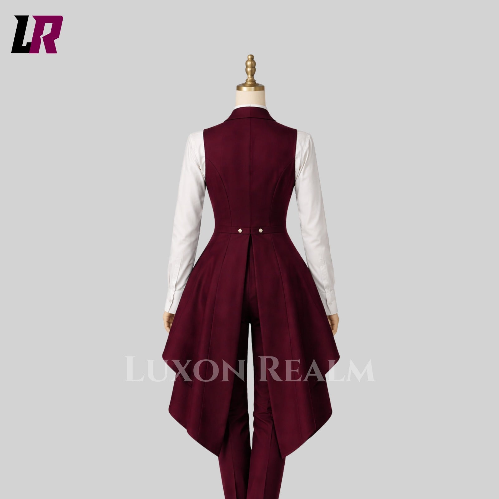 Elegant women's burgundy tailcoat pantsuit set with double-breasted vest, white shirt, and tailored trousers for formal events and weddings.
