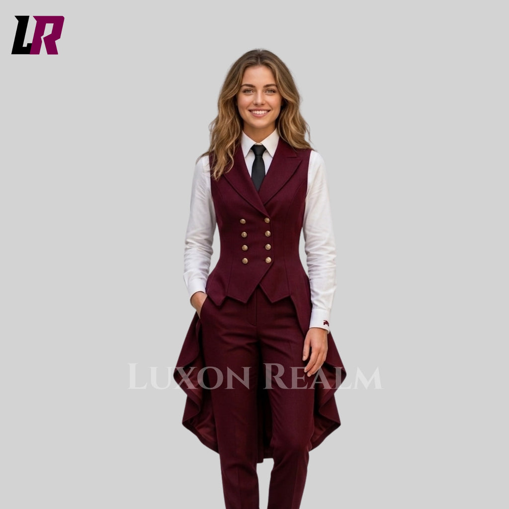 Elegant women's burgundy tailcoat pantsuit set with double-breasted vest, white shirt, and tailored trousers for formal events and weddings.