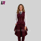 Elegant women's burgundy tailcoat pantsuit set with double-breasted vest, white shirt, and tailored trousers for formal events and weddings.
