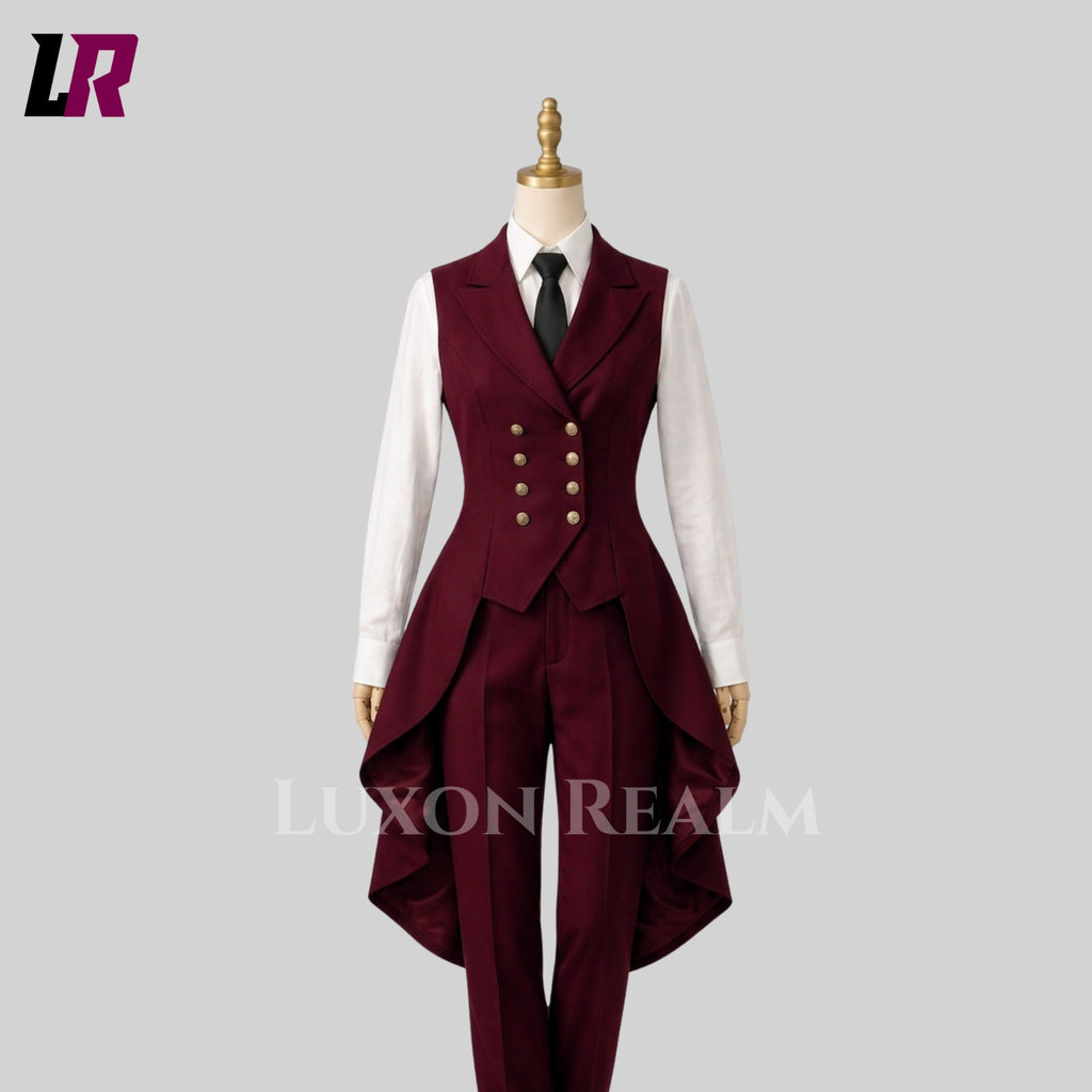 Elegant women's burgundy tailcoat pantsuit set with double-breasted vest, white shirt, and tailored trousers for formal events and weddings.