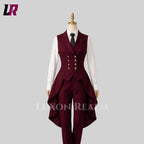 Elegant women's burgundy tailcoat pantsuit set with double-breasted vest, white shirt, and tailored trousers for formal events and weddings.