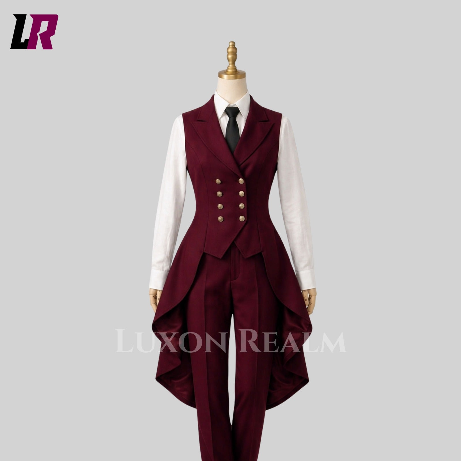 Elegant women's burgundy tailcoat pantsuit set with double-breasted vest, white shirt, and tailored trousers for formal events and weddings.