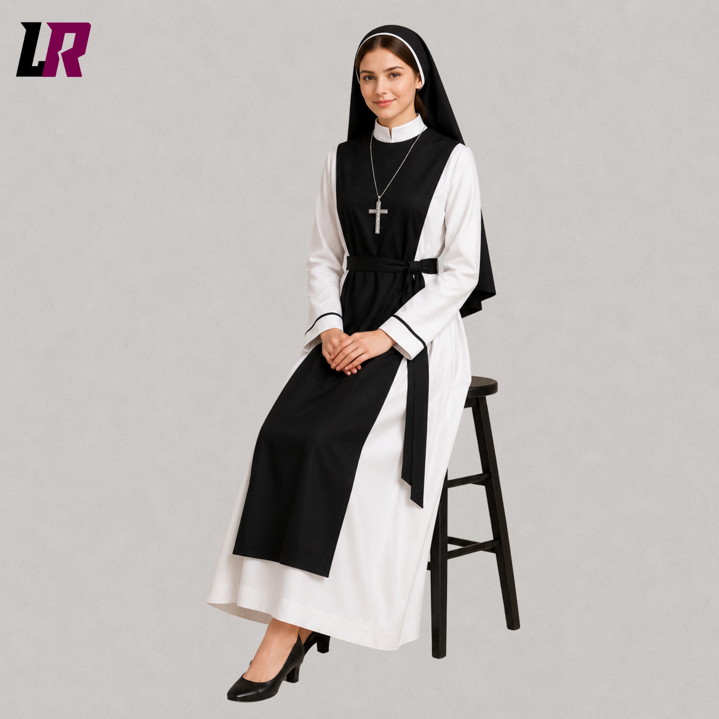 Woman sitting on a stool wearing a traditional full-length nun habit with matching religious veil