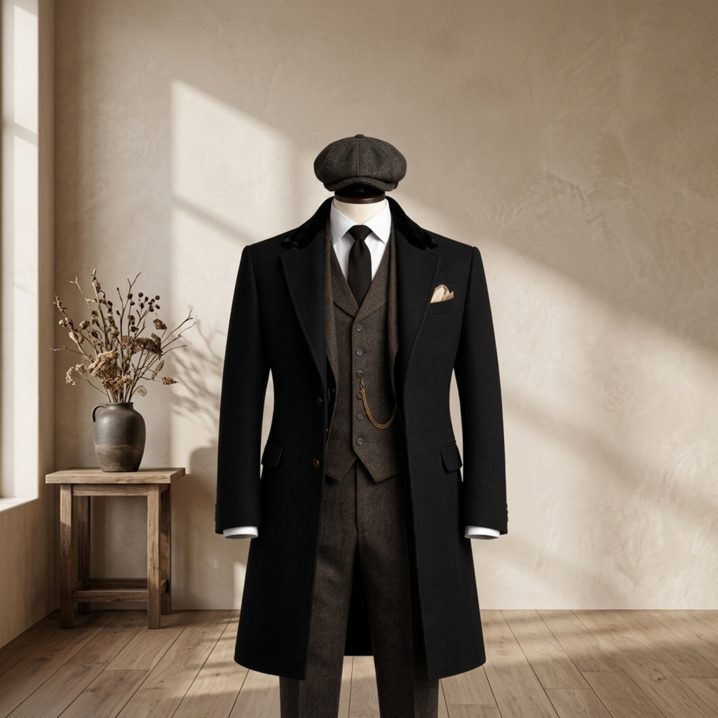 Men’s Vintage Tweed 3 Piece Suit with Black Overcoat & Flat Cap | 1920s Style Wedding Outfit