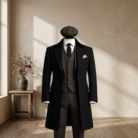 Men Vintage Tweed 3 Piece Suit with Black Overcoat & Flat Cap | 1920s Style Wedding Outfit